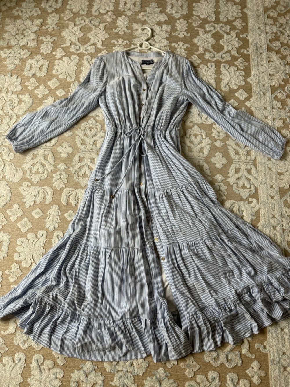 Duffield Lane Light Blue and White Striped Tiered Button-Front Maxi Dress